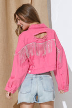 Load image into Gallery viewer, RHINESTONE FRINGE DISTRESSED DENIM JACKET
