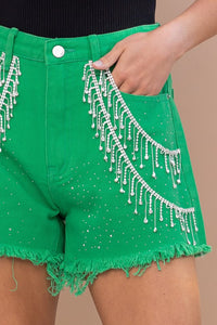 Gem Rhinestone Fringe Denim Shorts