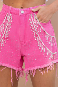 Gem Rhinestone Fringe Denim Shorts