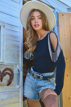 Load image into Gallery viewer, Cold Shoulder Rhinestone Fringe Bodysuit
